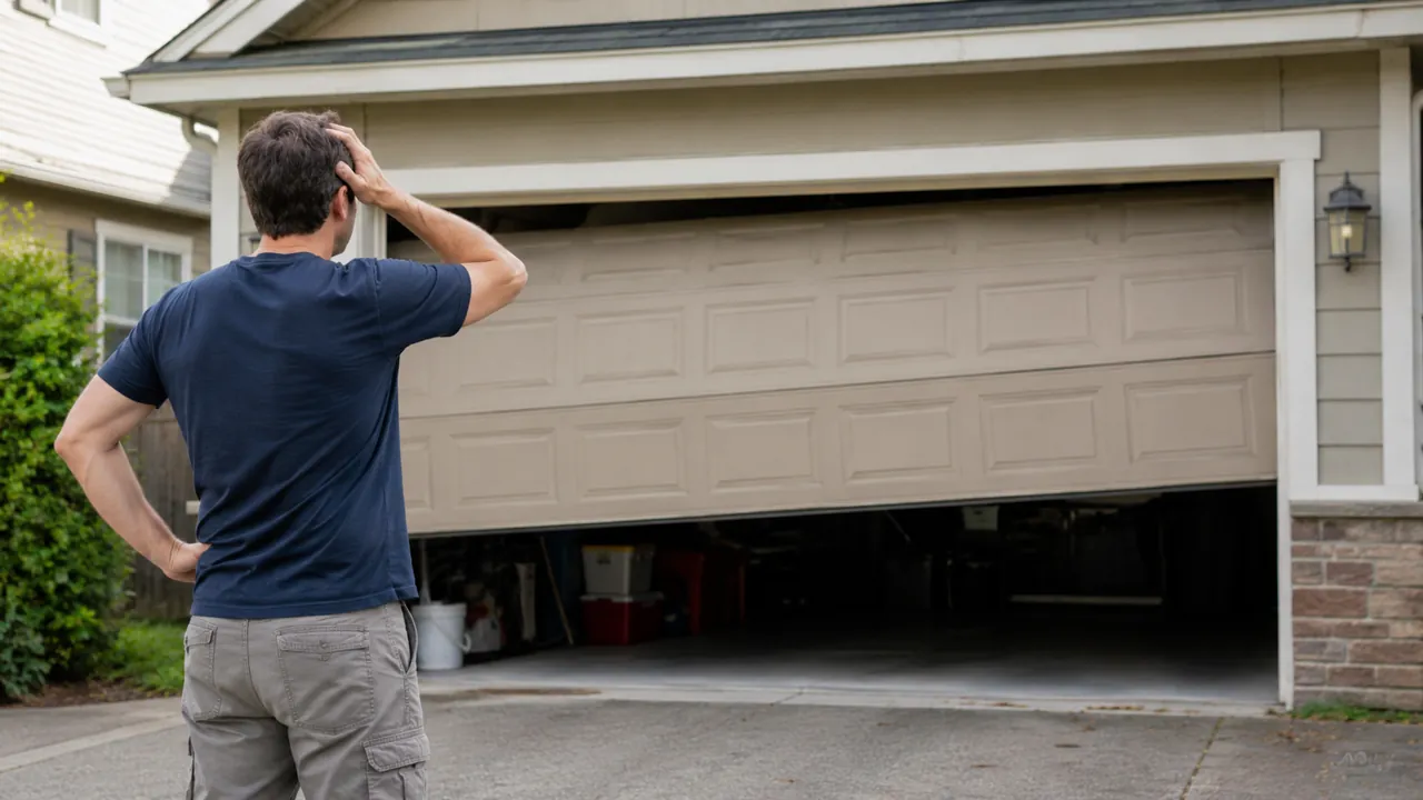Homeowner standing in a driveway looking at a half-open, crooked garage door
